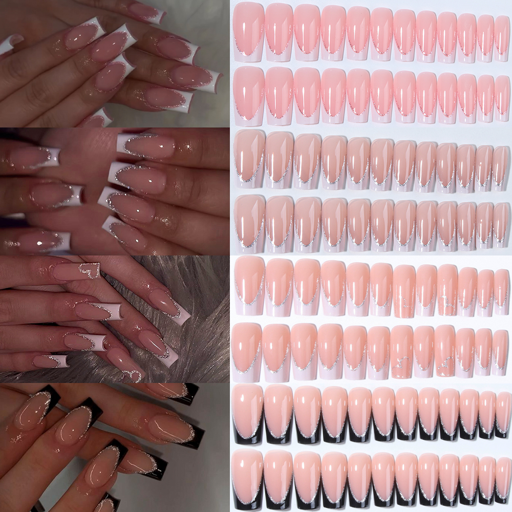 Nail Art Aesthetic - 96Pcs(4Mixed) Long Coffin Heart Nails Glitter