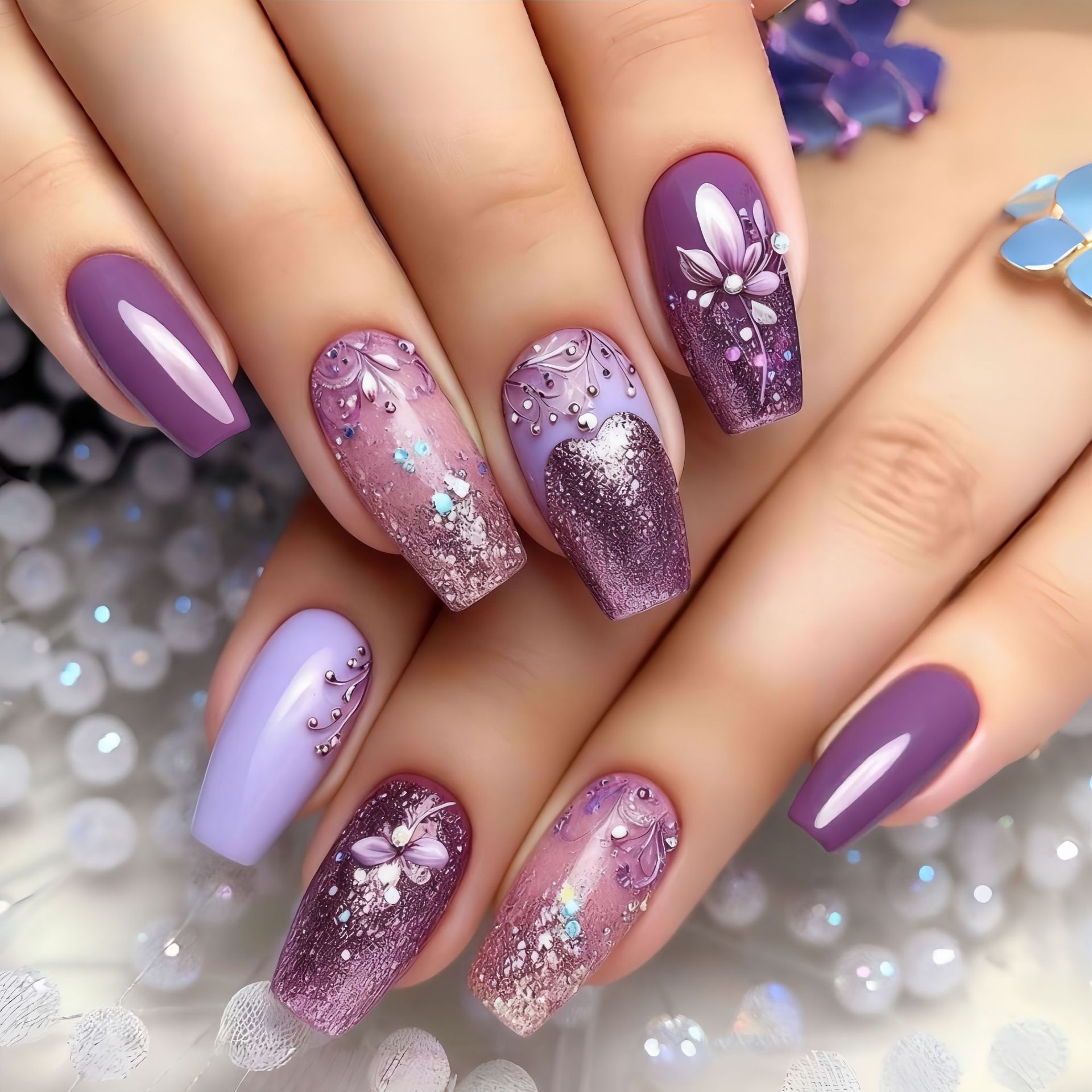 Nail Art Aesthetic - Medium long fake nails gradient purple