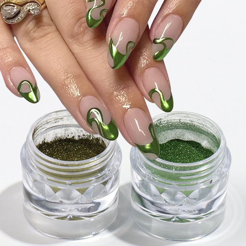 Nail Glitter Chrome - 2 Box Metallic Green Chrome Nails