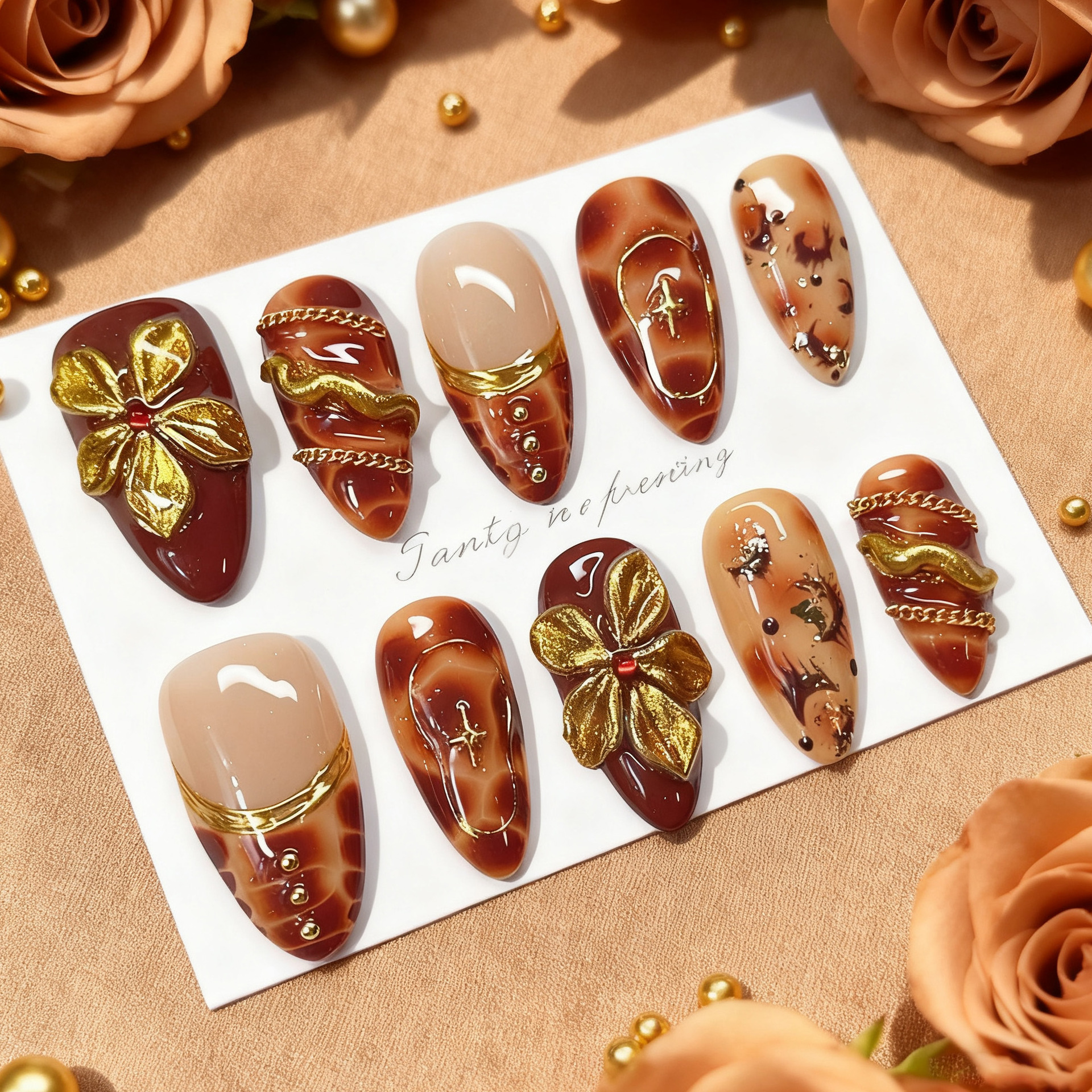 24pcs Flower False Nails Brown - Nail Art Aesthetic ulasan dan harga