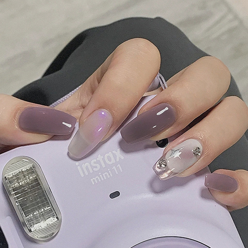 24Pcs Medium Coffin Press on N - Nail Art Ombre Glitter ulasan dan harga