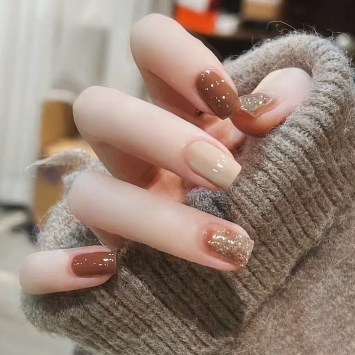 24Pcs Caramel Brown Ombre Glit - Nail Art Aesthetic ulasan dan harga