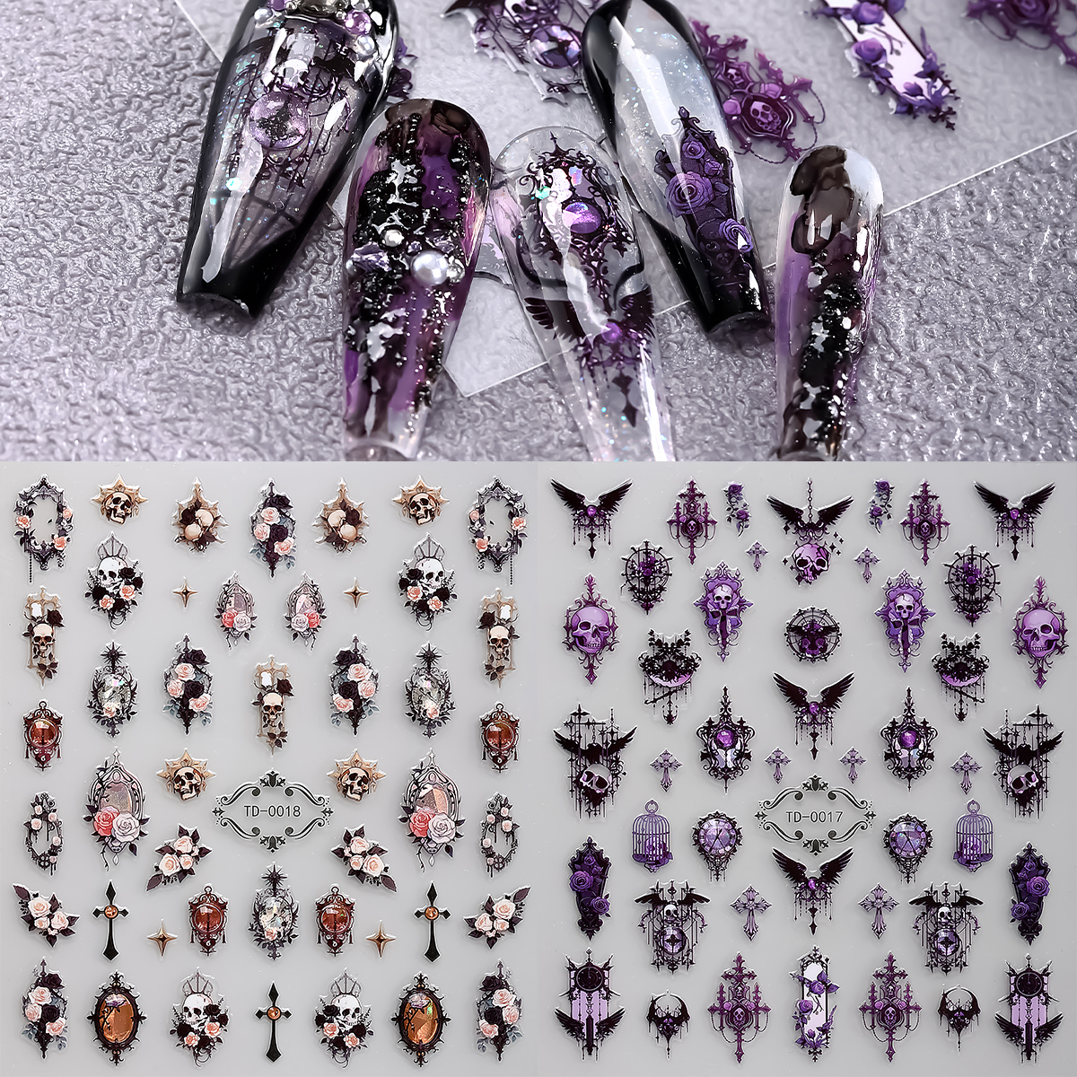 2pcs 5D Pink Purple Gothic Nai - Nail Art Vintage ulasan dan harga