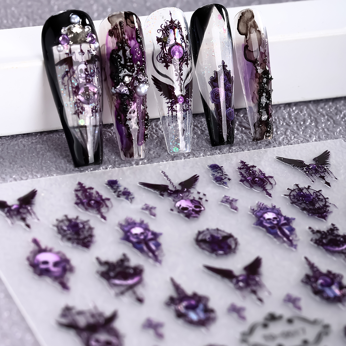 2pcs 5D Pink Purple Gothic Nai - Nail Art Vintage ulasan dan harga
