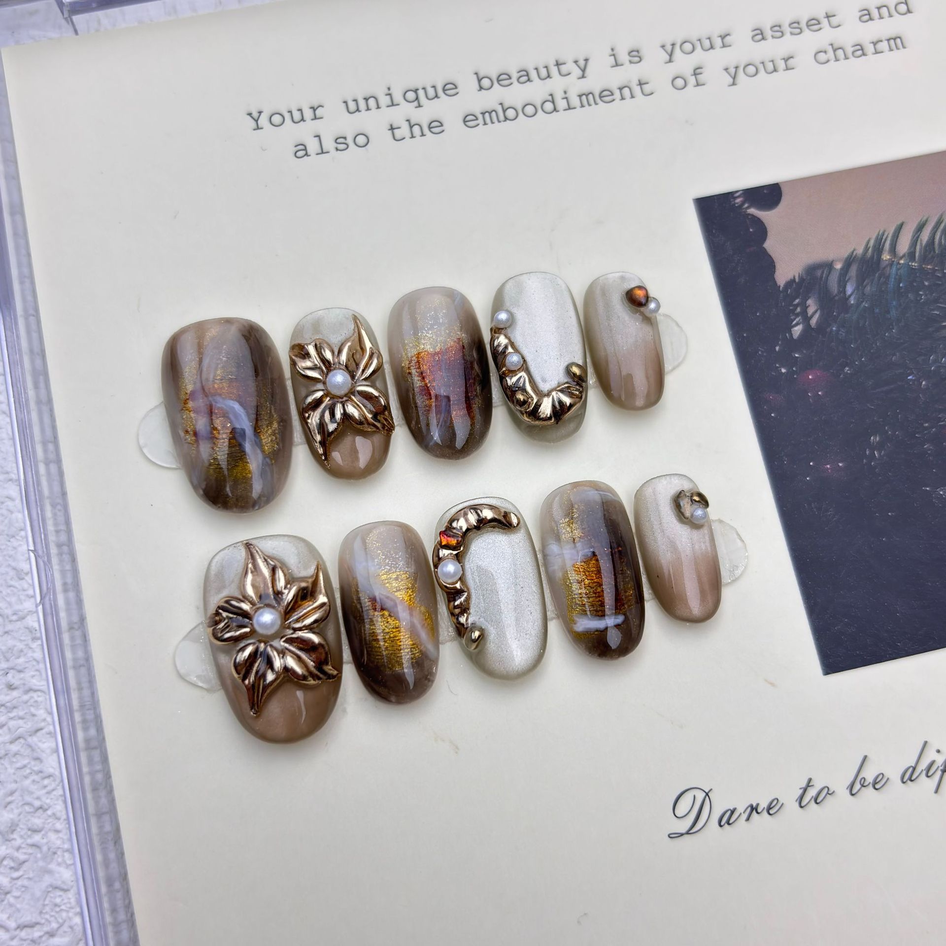 10Pcs Gradient Amber False Nai - Nail Art Vintage ulasan dan harga