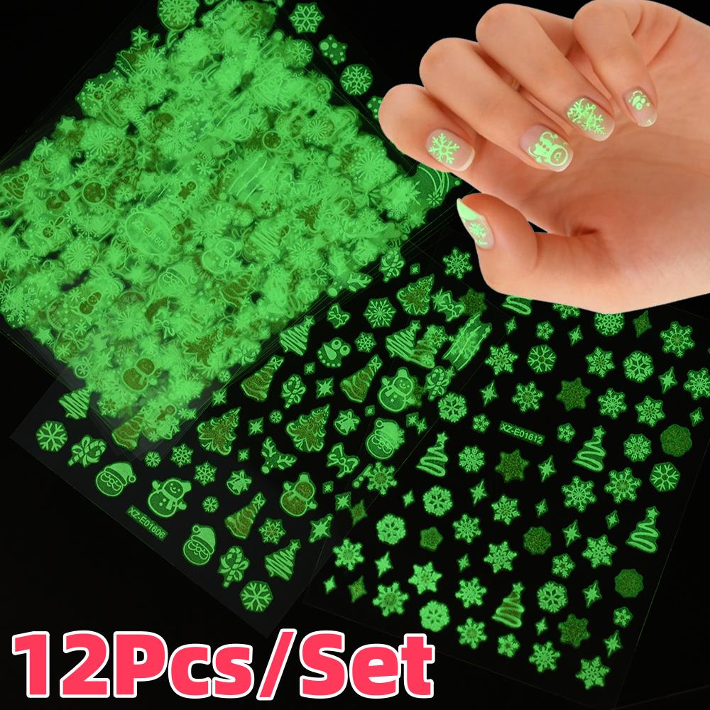 12Pcs/Set 3D Luminous Christma - Nail Art Xmas Stickers ulasan dan harga