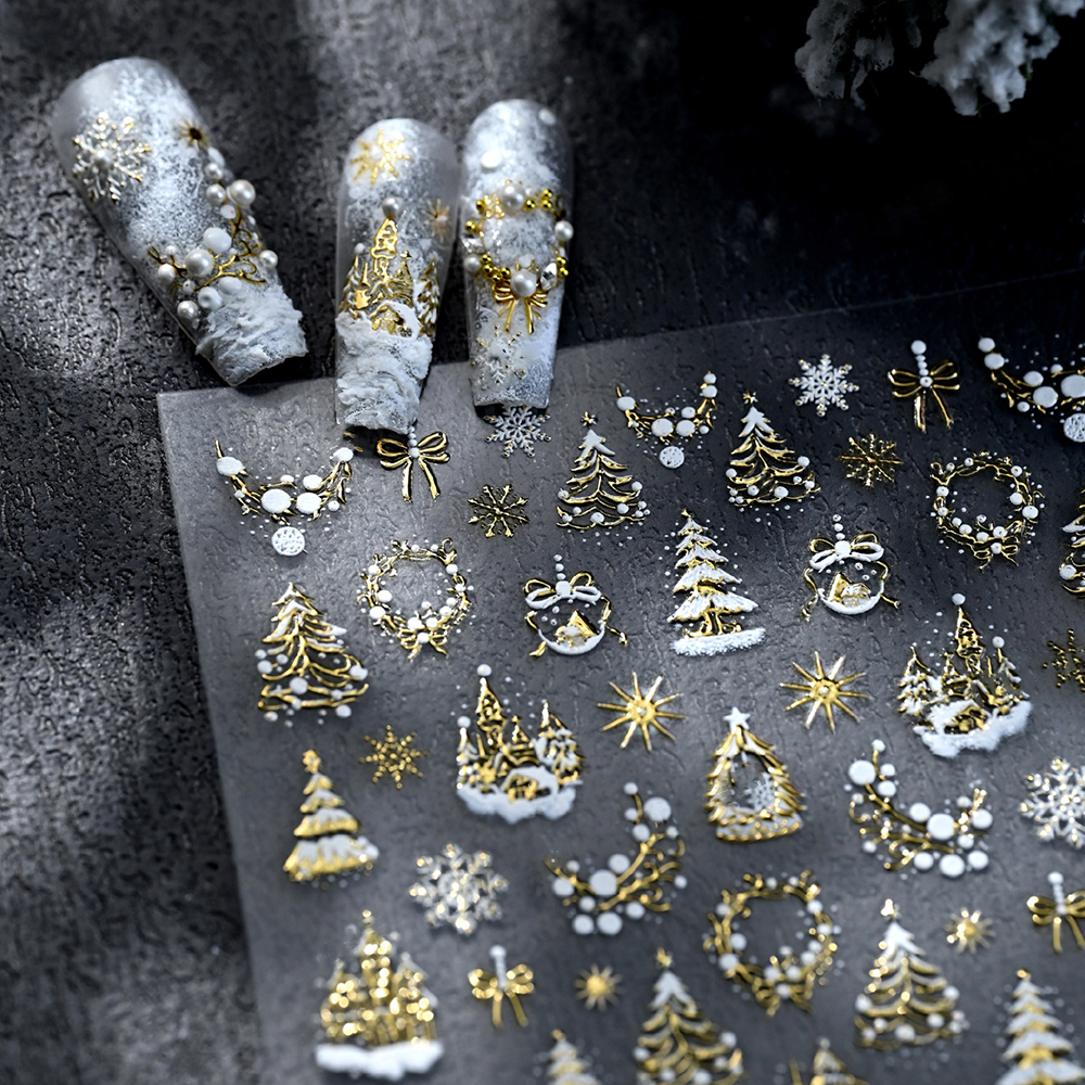 1pc 5D Gold Snow Christmas Tre - Nail Art Xmas Stickers ulasan dan harga