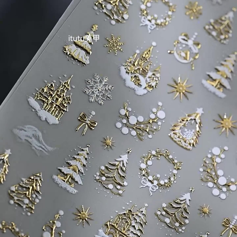 1pc 5D Gold Snow Christmas Tre - Nail Art Xmas Stickers ulasan dan harga