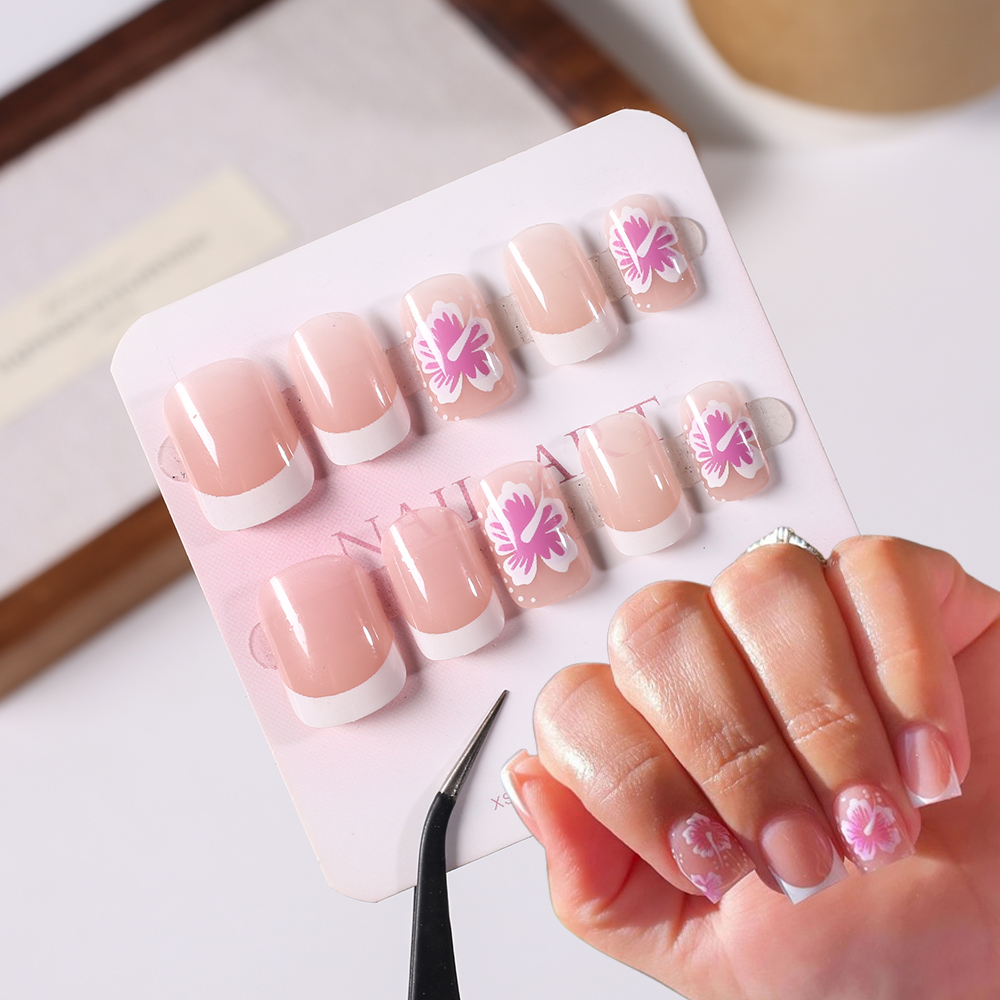 24Pcs French Flower False Nail - Nail Art Aesthetic ulasan dan harga