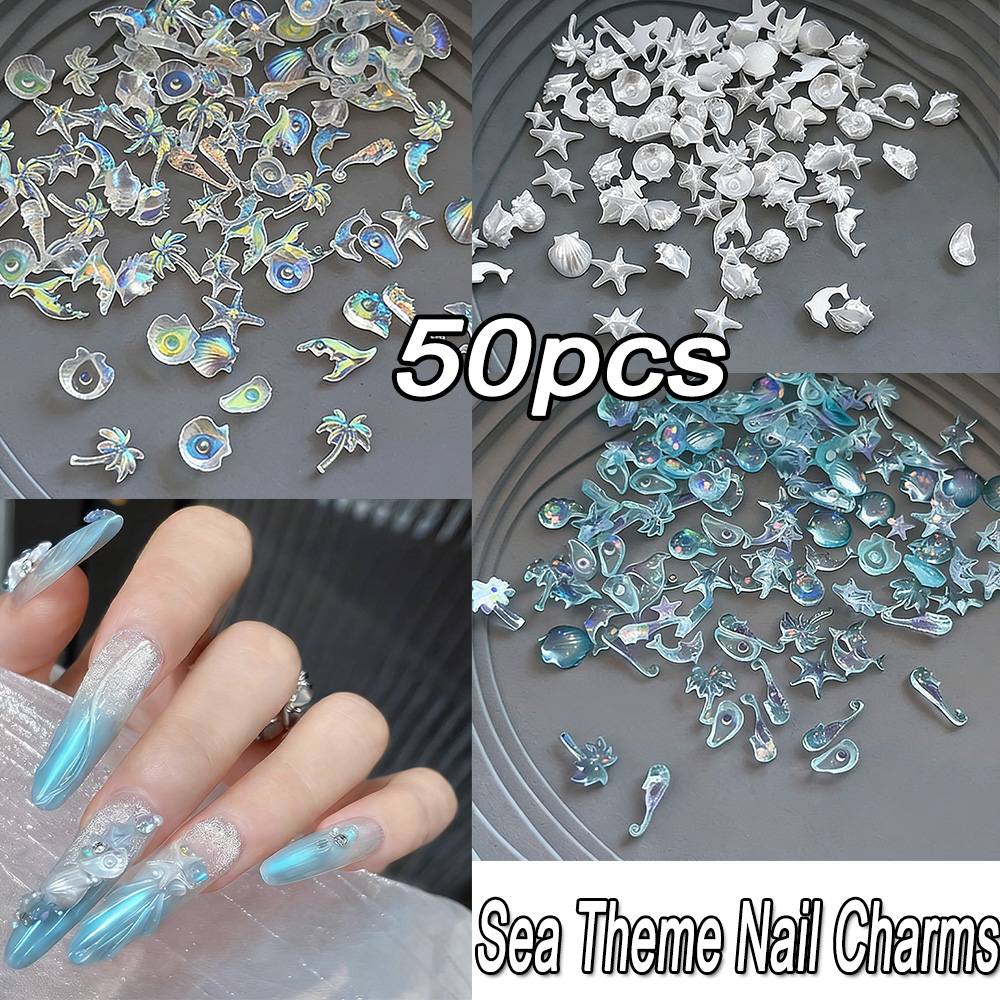 50PCS 3D Mixed Sea Series Nail - Nail Art Ice Blue ulasan dan harga