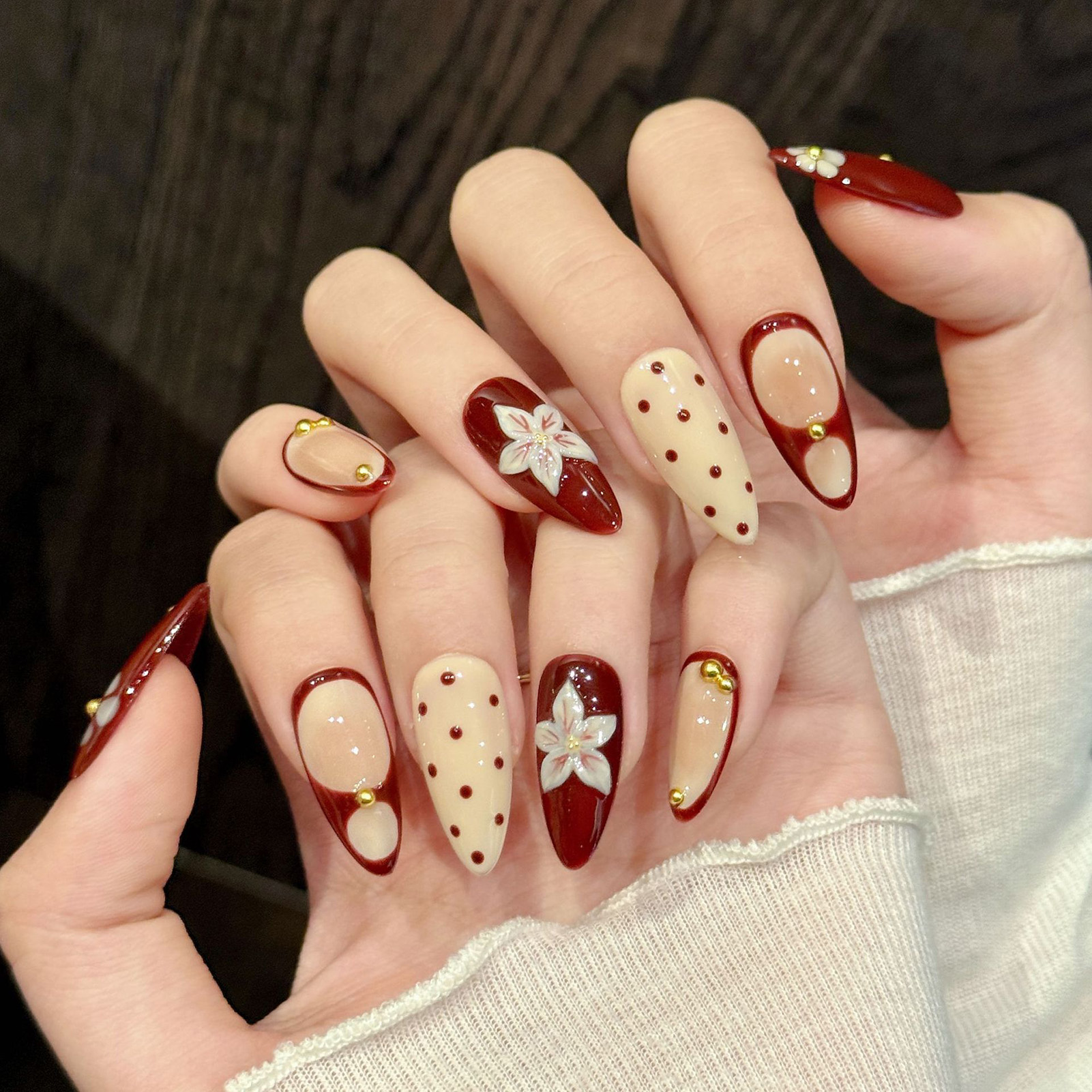 10pcs Handmade Wine Red French - Nail Art Aesthetic ulasan dan harga
