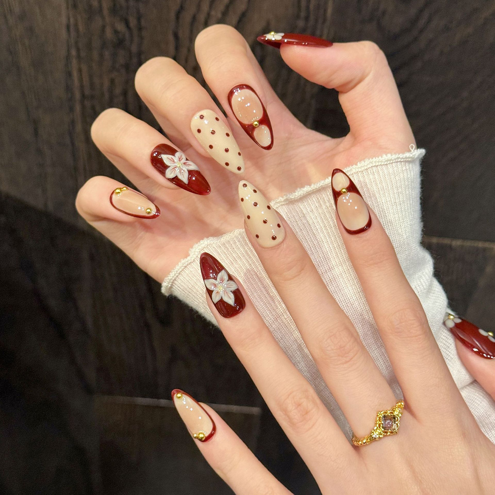 10pcs Handmade Wine Red French - Nail Art Aesthetic ulasan dan harga